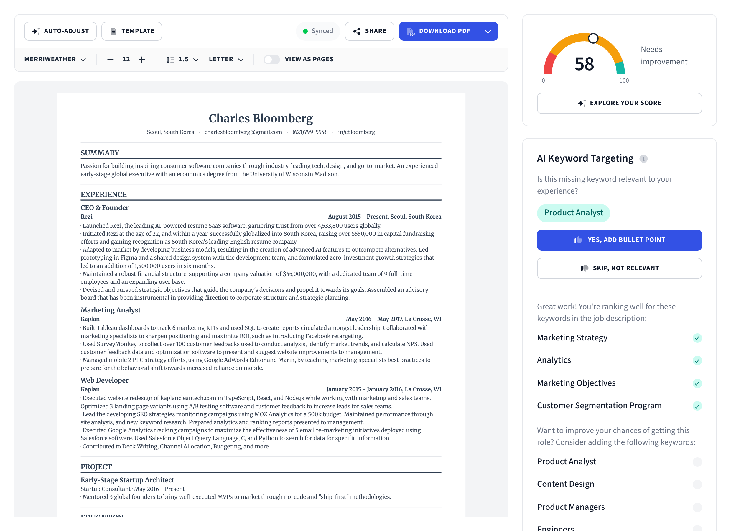 The Resumatic builder: Charles Bloomberg's resume with a 58 score and AI keyword targeting