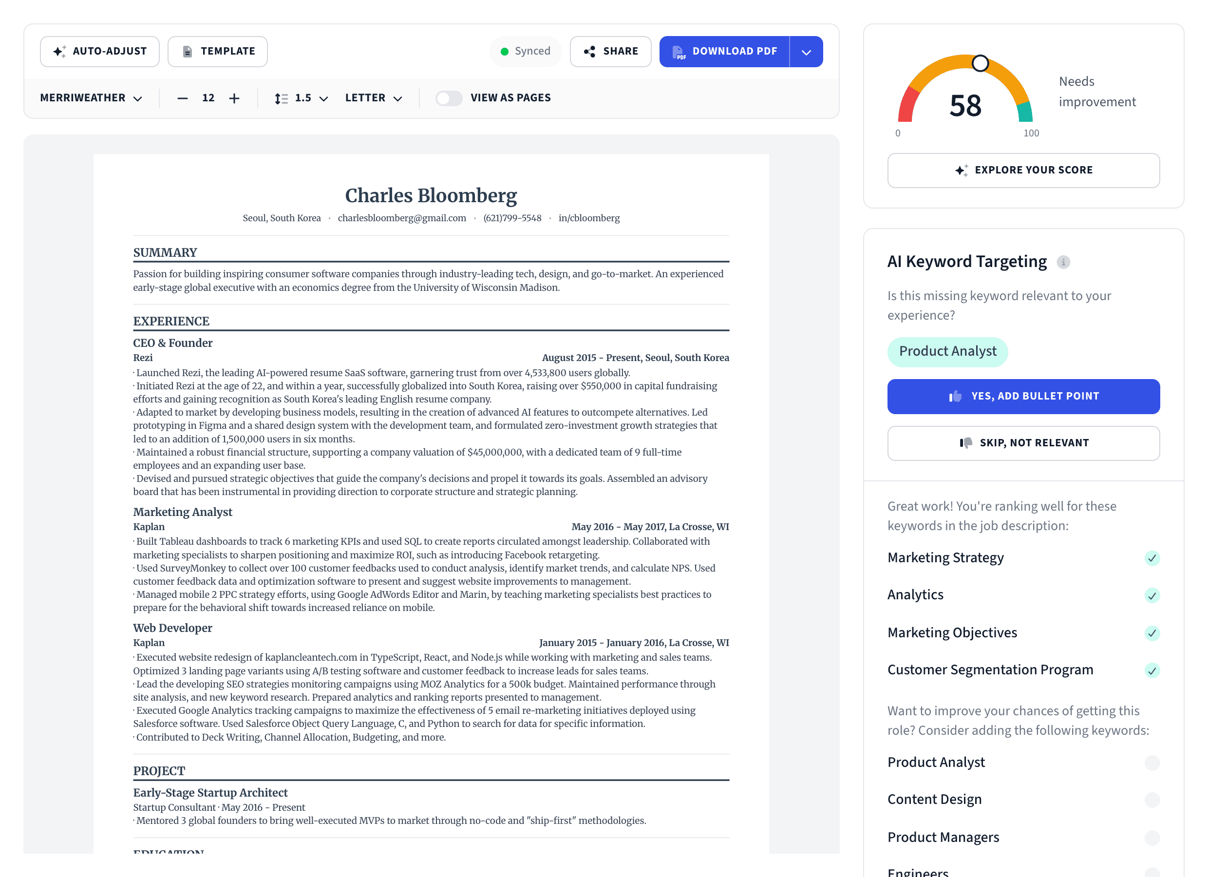 The Resumatic builder: Charles Bloomberg's resume with a 58 score and AI keyword targeting